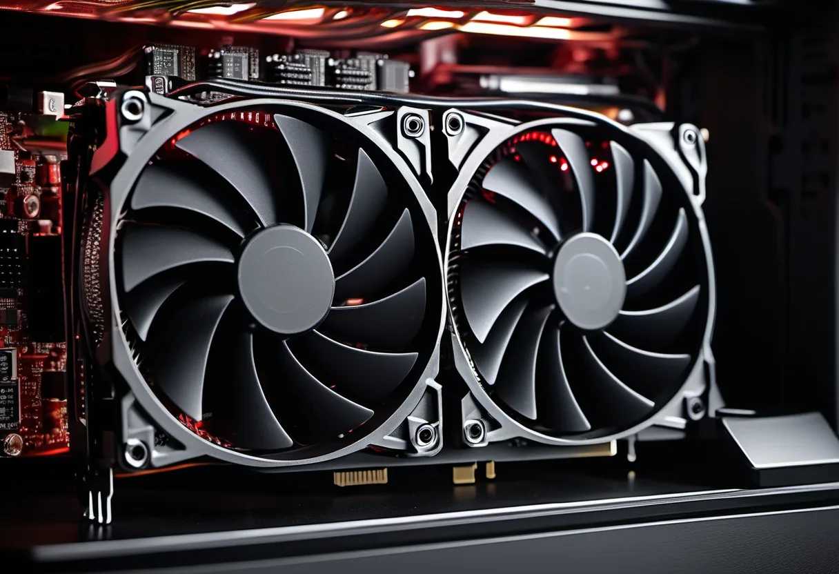 PC 케이스 안에 장착된 그래픽카드(GPU)를 가까이서 찍은 사진 (AI 생성)