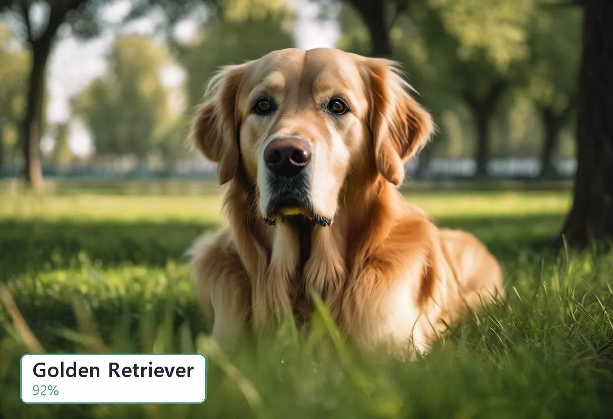잔디밭에 앉은 골든 리트리버 사진 위에 'Golden Retriever 92%' 분류 결과 태그가 표시된 Image Classification 결과 합성 이미지 (AI 생성 사진 + 코드 합성 라벨)