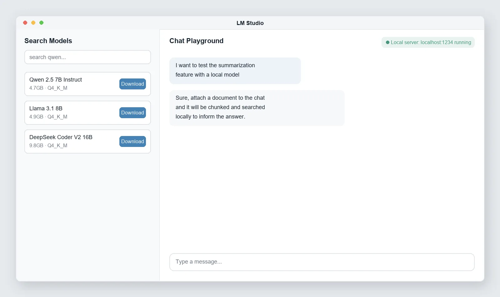 Reconstructed LM Studio screen showing the model search/download panel, chat window, and local server status (not a real UI capture, AI-generated)