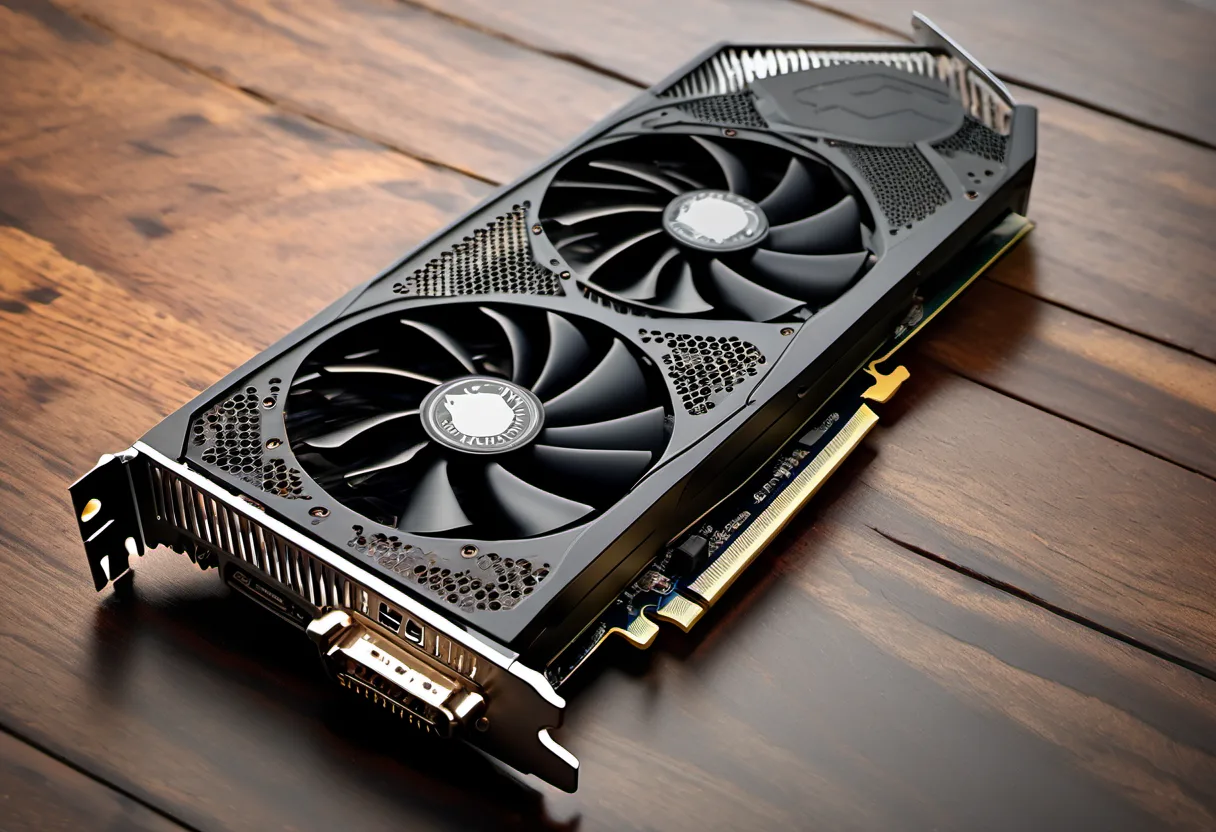 책상 위에 놓인 그래픽카드(GPU)를 위에서 내려다본 사진 (AI 생성)