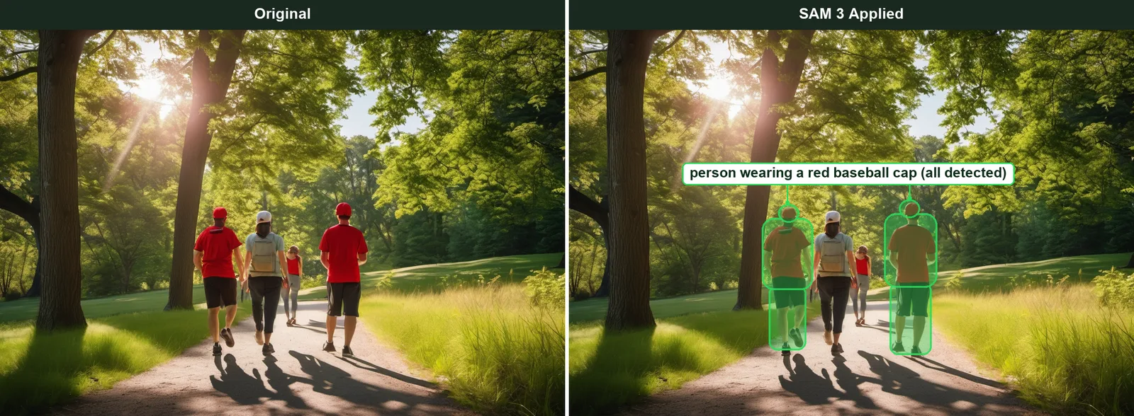 Side-by-side comparison of an original park trail photo and the same photo with SAM 3 applied, highlighting every person wearing a red baseball cap in green (AI-generated photo, composited)