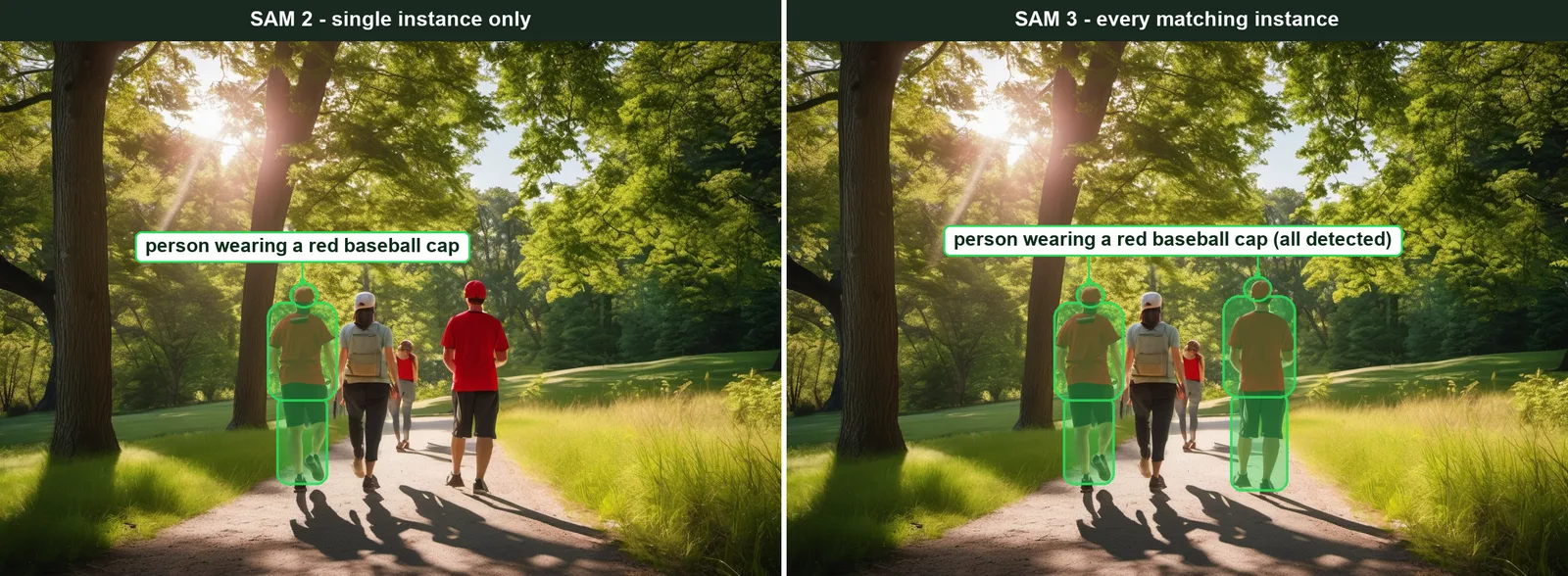 Comparison showing SAM 2 segmenting only one person wearing a red baseball cap versus SAM 3 segmenting both matching people in the same photo