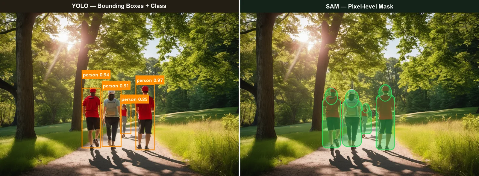 The same trail photo compared side by side: YOLO's bounding boxes with class labels on the left, SAM's pixel-level masks on the right