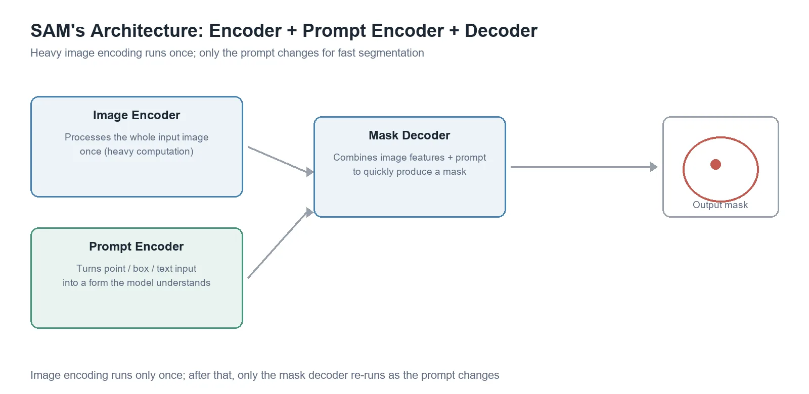 Diagram of SAM's architecture — image encoder, prompt encoder, and mask decoder — showing the flow to a segmentation mask output